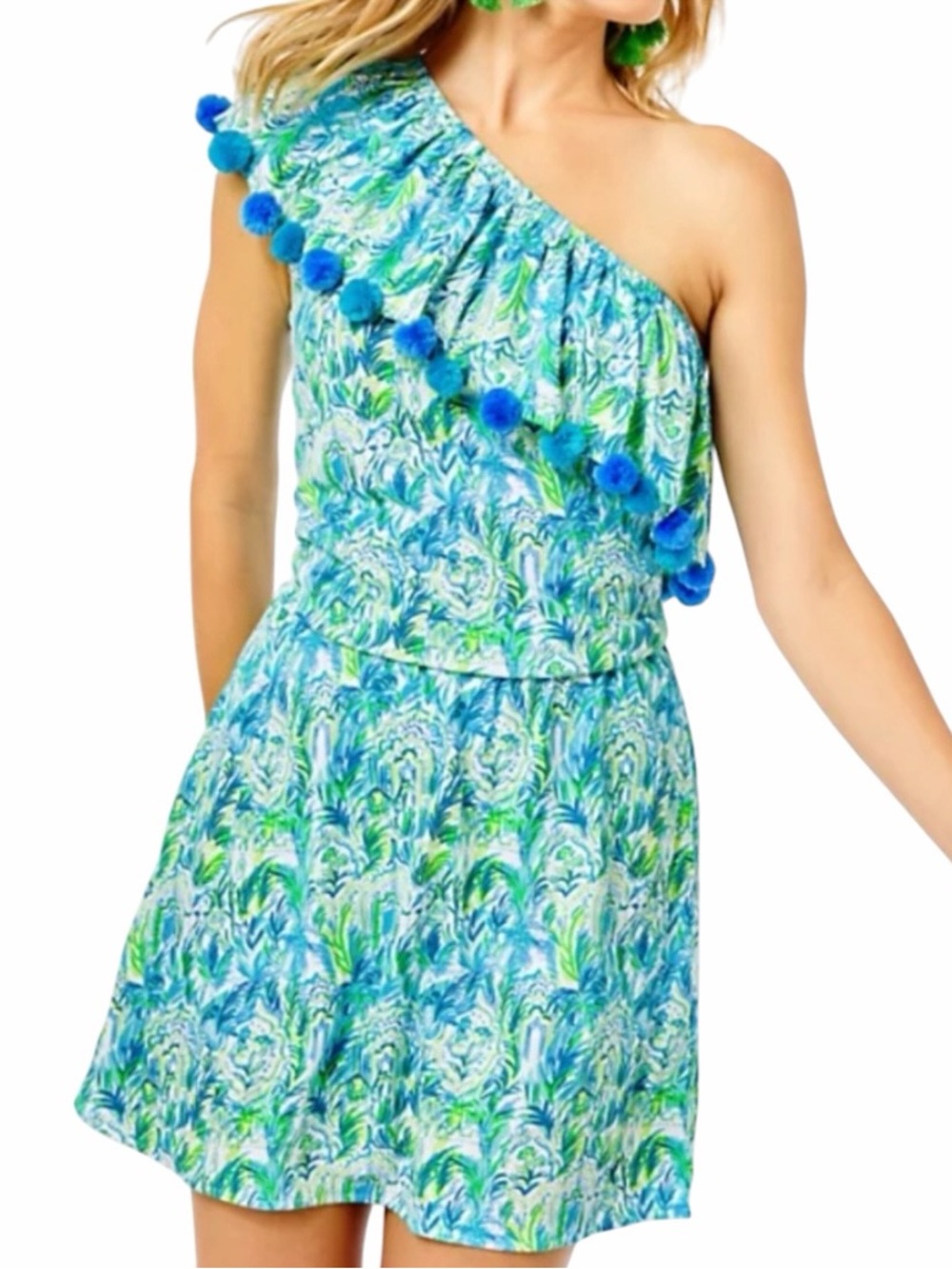 Lilly Pulitzer - Idara One-Shoulder Pom Pom Romper Blue Green Sz M